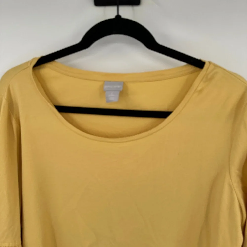 Chicos Yellow Cotton Ruffle Bell Sleeve Scoop Neck Top Size 2 Large Solid Knit - Picture 2 of 9
